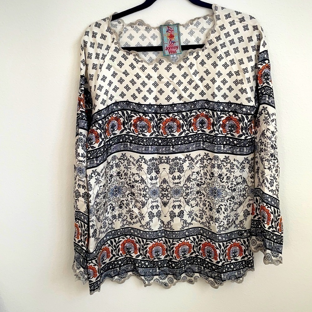 Johnny Was Ivory Grey orange floral motif silk blouse XS